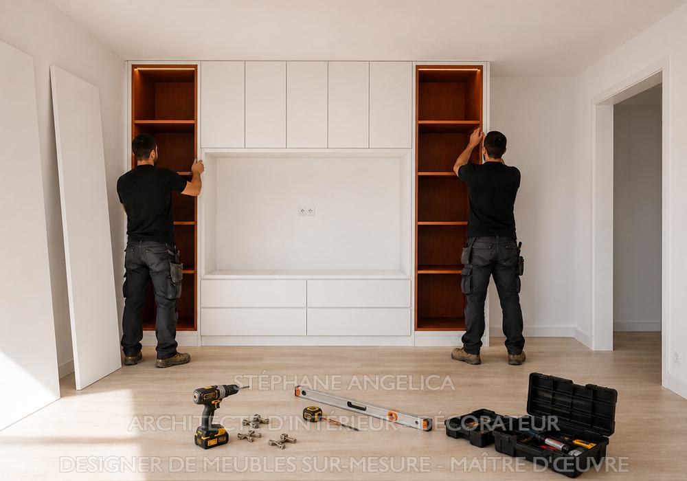 Installation d’un ensemble meuble TV et bureau de télétravail sur mesure par des menuisiers ébénistes à Paris 8e
