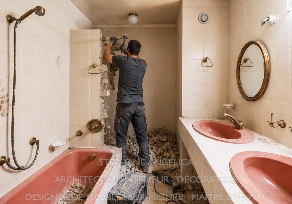 Ouvriers réalisant les travaux de dépose et de rénovation d’une salle de bain au Vésinet 78