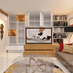 MEUBLE TV · BIBLIOTHÈQUE ET NICHES DE DÉCORATION À LED SUR-MESURE : APPARTEMENT VEFA EN RENDUS 3D ULTRA HD